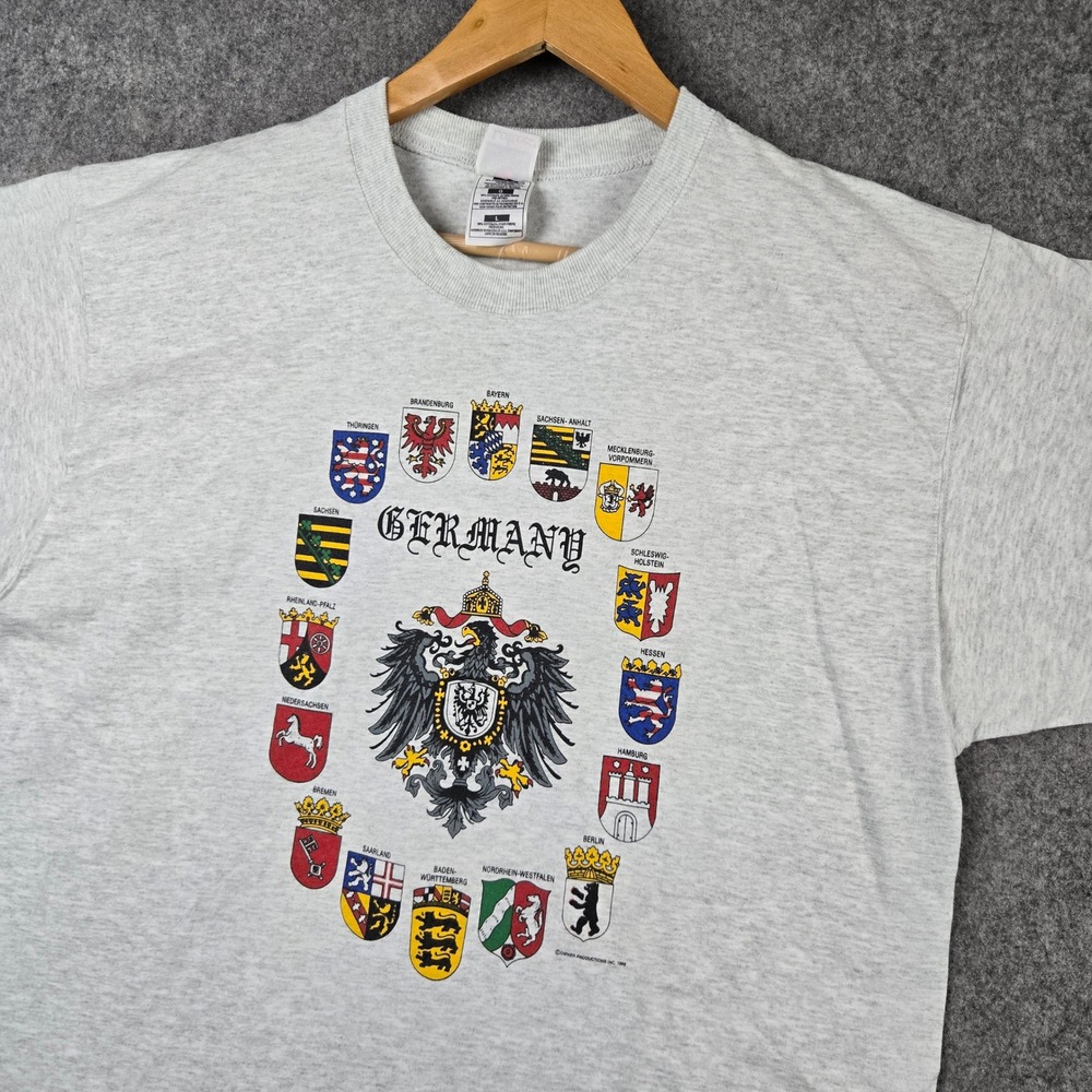 Vintage Germany T Shirt Mens Large Grey Crest Eagle Souvenir 90s Flags